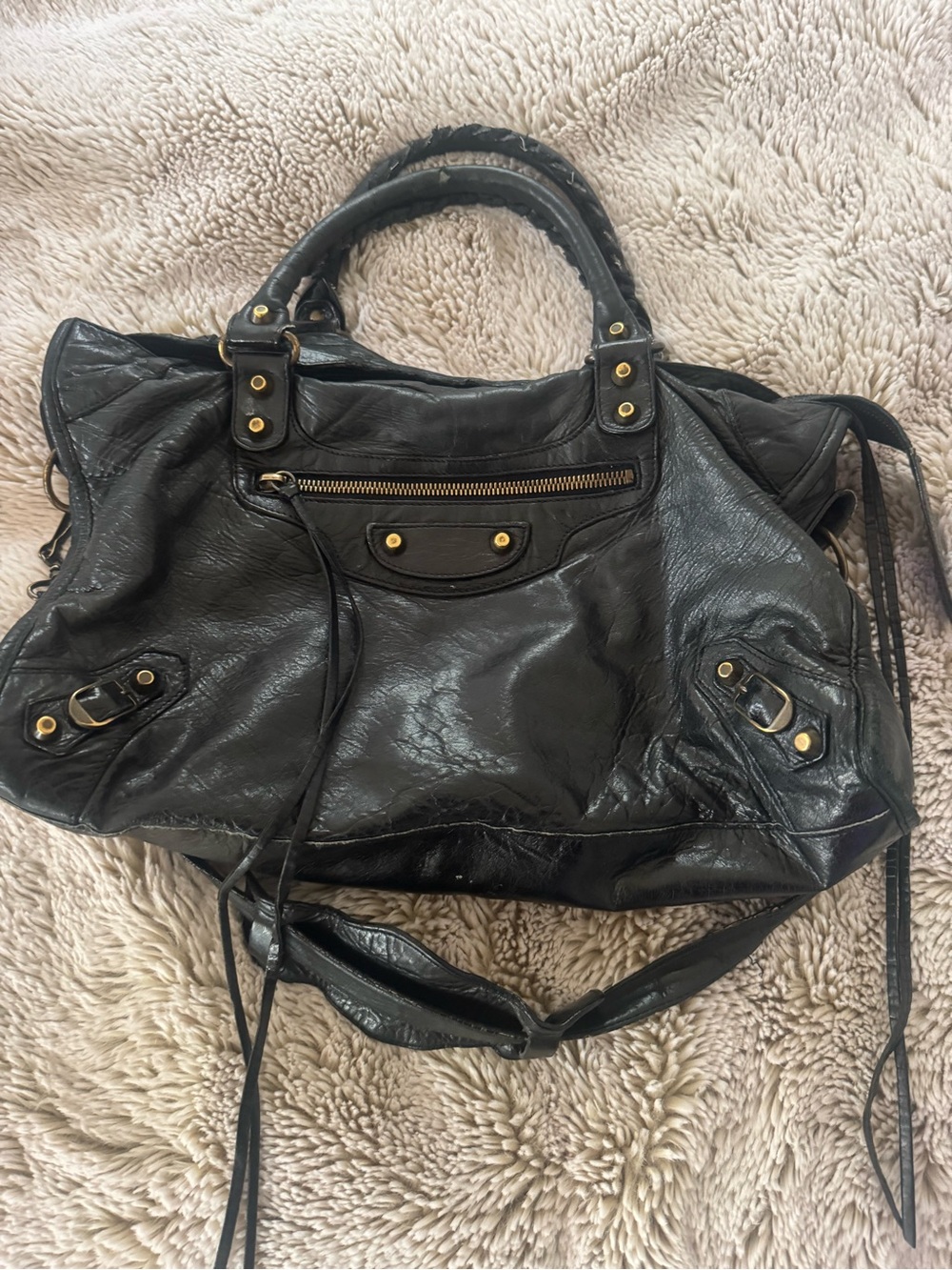 Balenciaga Classic City Black Leather Shoulder Bag with Gold Hardware